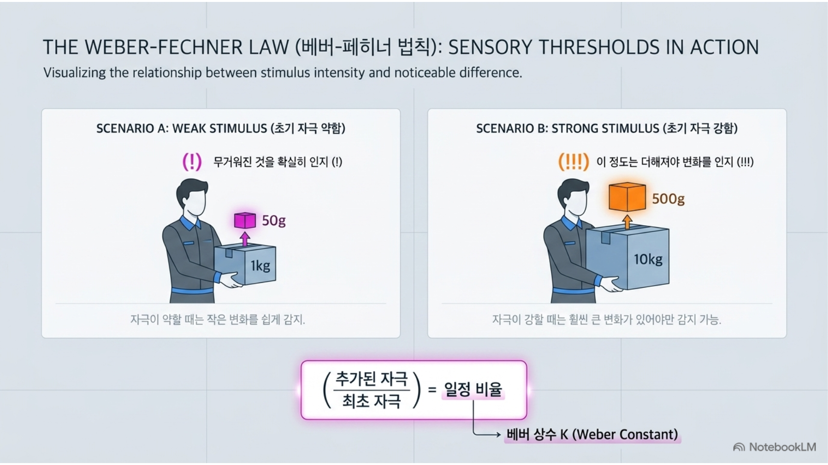 약한 자극과 강한 자극에서 최소식별차가 달라지는 베버-페히너 법칙